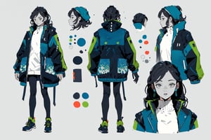 masterpiece, best quality, (extremely detailed face), jacket with blue and green pattern  CharacterSheet (multiple views, front view, back view, reference sheet:1), jacket design, reference sheet, multiple views(gray background, simple background:1.2)