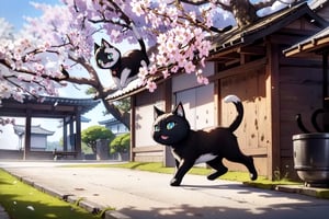 A complete, cute magical black cat and white cat,  faint pinkish-white light on its body.  stand on sakura tree, magical realism, classical style, clean color, fine and smooth hair , 8k, (sharp focus:1.2), super wide angle