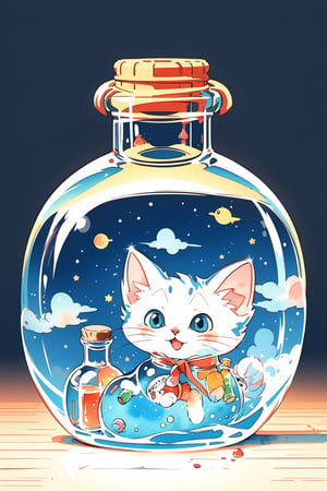 sticker design, cat in a Bottle, A bottle placed in deep water with a light, top of the wood, clear watercolor, cute cat, watercolour style.