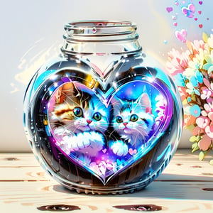 stickers design. ((cute cat and Milky Way in a heart shape Bottle, top of the wood)), watercolor style, cute cat,Cats are liquid ,glass art,HYPER REAL CAT 