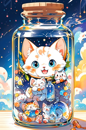 stickers design. ((cute cat and Milky Way in a Bottle, top of the wood)), watercolor style, cute cat,Cats are liquid ,glass art