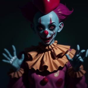 close up, (((1 ghoulish clowns waving hand))), look at viewer, eerie, unsettling, dark, suspenseful, dim light, dark art