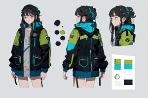 masterpiece, best quality, (extremely detailed face), jacket with blue and green pattern  CharacterSheet (multiple views, front view, back view, reference sheet:1), jacket design, reference sheet, multiple views(gray background, simple background:1.2)