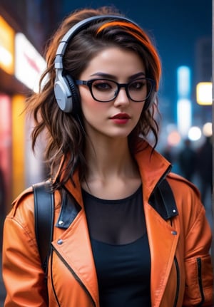 This cyberpunk girl exudes confidence and style as she walks through the city at night. Her brown hair is styled in a messy yet alluring manner, and she wears a pair of glasses that add to her edgy look. The neon orange jacket she wears over her black tights is a bold fashion statement, while the headphones around her neck hint at her love for music. This detailed photo captures the essence of a beautiful Italian lady in a visually stunning and unique way.,masterpiece