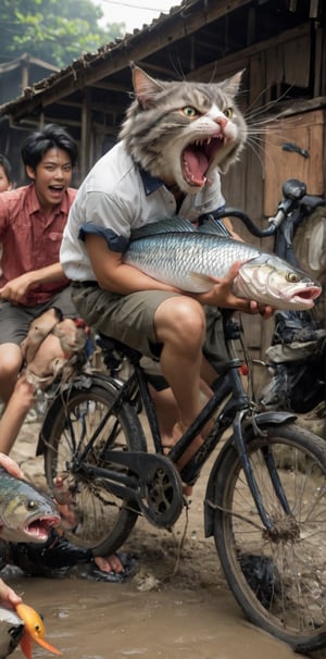 (((1cat,open mouth,bicycle,holding,fish))) (1man,shirt, black hair),  male focus, outdoors, multiple boys, shoes, shorts, barefoot, animal, sandals, cat, ground vehicle, fish, 6+boys, old, 