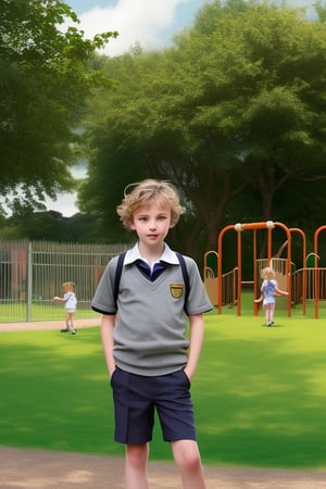 Realistic illustration of a young English schoolboy, messy blonde hair, wearing a grey school uniform and shorts, standing in front of a primary school building, long shot, detailed background with trees and playground equipment, inspired by the works of John Singer Sargent and Edgar Degas.