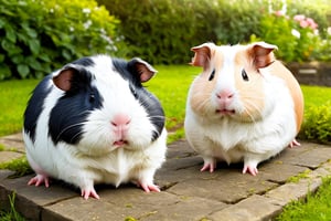 Two super fat guinea pigs in a  garden.,photorealistic
