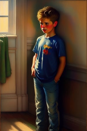 Realistic oil painting of a 10-year-old boy withblond wavy hair, standing in the corner as punishment, by Norman Rockwell. Detailed facial expression and body language, warm tones and soft lighting to create a nostalgic atmosphere. (Long shot), highly detailed brush strokes, capturing the innocence of childhood in contrast with the discipline being imposed.