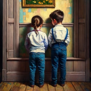 A powerful and emotional oil painting depicting two young siblings, facing the wall as punishment, their bright and vivid clothes contrasting against the muted background. The painting captures the innocence and vulnerability of childhood through its realistic style, inspired by artists such as Vincent Van Gogh and Johannes Vermeer. The use of vibrant colors adds depth to the scene, creating a sense of tension and emotion. This piece evokes a strong reaction from viewers with its raw depiction of discipline in childhood.,Masterpiece