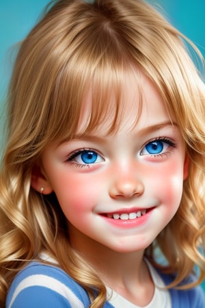 A happy girl, 8-year-old, with blond wavy hair, big blue eyes and rosy cheeks. Closeup portrait. 
