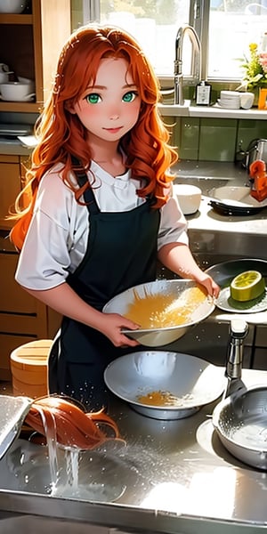 Girl, 13-years-old, with long wavy ginger hair and green eyes, washing dishes, happily helping her mom.