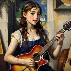 A young girl with piercing blue eyes, strumming a guitar and singing with passion, surrounded by vibrant colors in an oil painting style. The intricate details of the guitar strings and the girl's hair are reminiscent of works by John Singer Sargent, while the use of bold colors and brushstrokes bring to mind Vincent Van Gogh's style. The composition is inspired by Paul Cézanne's use of geometric shapes in his paintings. This piece captures the joy and energy of music through a realistic yet expressive approach to oil painting.