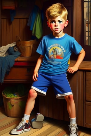 Portrait of a young boy with short blonde hair and blue eyes, wearing a t-shirt, shorts, and sneakers. Vibrant colors reminiscent of Norman Rockwell's iconic paintings. Realistic style with intricate details and lifelike features. Studio lighting to enhance the character's expression and capture the essence of childhood innocence.