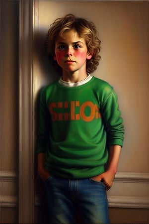 Realistic oil painting of a 10-year-old boy withblond wavy hair, standing in the corner as punishment, by Norman Rockwell. Detailed facial expression and body language, warm tones and soft lighting to create a nostalgic atmosphere. (Long shot), highly detailed brush strokes, capturing the innocence of childhood in contrast with the discipline being imposed.