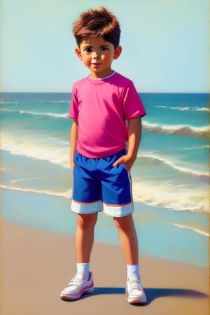 A little boy, wearing shorts, by the seaside. 