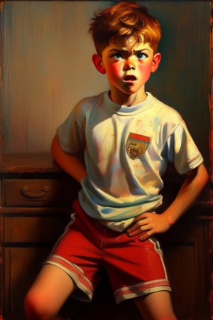 Realistic portrait of a 10-year-old boy with ginger hair, wearing shorts and a defiant expression on his face. The painting captures the essence of childhood rebellion and the need for discipline, reminiscent of Norman Rockwell's iconic style. (Realistic oil painting, detailed brushstrokes, studio lighting)
