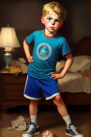 Portrait of a young boy with short blonde hair and blue eyes, wearing a t-shirt, shorts, and sneakers. Vibrant colors reminiscent of Norman Rockwell's iconic paintings. Realistic style with intricate details and lifelike features. Studio lighting to enhance the character's expression and capture the essence of childhood innocence.