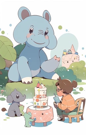Cute elephant wearing glasses and holding cake, Hiro Arakawa, flat illustration, children's illustration, gouache acrylic, minimalist, super high definition  