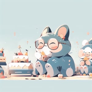  a cute elephant wearing glasses,holding cake, Hiro Arakawa, flat illustration,