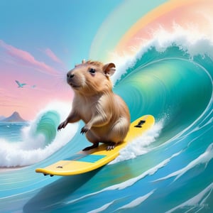 Pastel color palette, in dreamy soft pastel hues, pastelcore, pop surrealism poster illustration ||  A Majestic and trained capybara surfing on a surfboard on The Great Wave off Kanagawa While playing electric guitar  || bright hazy pastel colors, whimsical, impossible dream, pastelpunk aesthetic fantasycore art, beautiful soft pastel colors