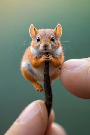 a small animal sitting on the tip of the finger, macro shot, in the style of fantastic realism, miniature, natural phenomena, I can't believe how beautiful it is, cute