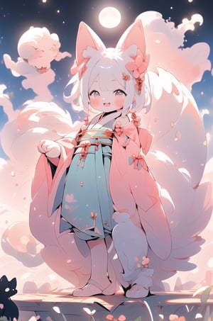 A happy girl, fox ears, pink elements ,maomi,cat,banhua,doodle,1girl,chibi,cute, Chang 'e, white hair, hanfu, cloud, (moon:1.2), waves, mythic monochrome,Mid-Autumn Festival, solo, the upper body,Chinese clothes,
(masterpiece), best quality, masterpiece, highres, original, extremely detailed wallpaper, perfect lighting,(extremely detailed CG:1.2)
