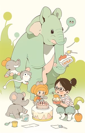 Cute elephant wearing glasses and holding cake, Hiro Arakawa, flat illustration, children's illustration, gouache acrylic, minimalist, super high definition  