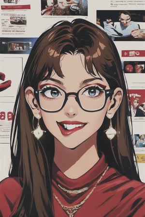 newspaper wall, glasses, parted lips, looking over eyewear,  black jacket, jewelry, long hair, jacket, red shirt, solo, upper body, brown hair, 1girl, necklace, earrings, red sweater, looking at viewer, red-tinted eyewear, sweater, red jacket, red lips ,Crazy face ,glitter,YAMATO,guweiz style, smile 