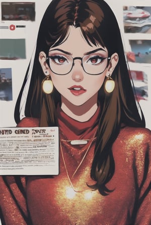 newspaper wall, glasses, parted lips, looking over eyewear,  black jacket, jewelry, long hair, jacket, red shirt, solo, upper body, brown hair, 1girl, necklace, earrings, red sweater, looking at viewer, red-tinted eyewear, sweater, red jacket, red lips ,Crazy face ,glitter,YAMATO,guweiz style, sexy