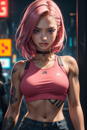 dark gothic cyberpunk woman, defiant face, pastel colors, in clothes, colorful hair,tight crop top,  pants, black, with pink, guns hd, high detail, huoshen, TheLastOfUs, mgln, biting lip , light smile , midriff 
