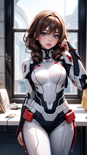 futuristic, woman brown curly hair, standing in spaceship next to round window, daydreaming, playing with hair, wearing white mecha armour suit with red stripes, photorealistic, 