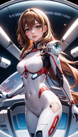 futuristic, woman brown curly hair, standing in spaceship next to round window, daydreaming, playing with hair, wearing white mecha suit with red stripes, photorealistic, 