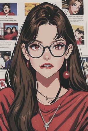 newspaper wall, glasses, parted lips, looking over eyewear,  black jacket, jewelry, long hair, jacket, red shirt, solo, upper body, brown hair, 1girl, necklace, earrings, red sweater, looking at viewer, red-tinted eyewear, sweater, red jacket, red lips ,Crazy face ,glitter,YAMATO,guweiz style, sexy