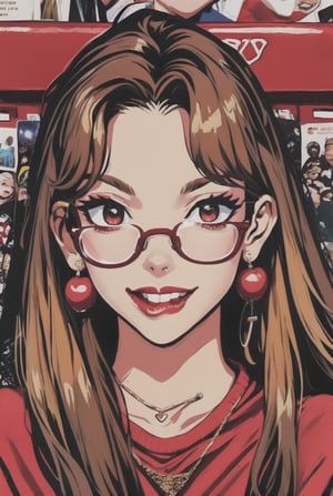 newspaper wall, glasses, parted lips, looking over eyewear,  black jacket, jewelry, long hair, jacket, red shirt, solo, upper body, brown hair, 1girl, necklace, earrings, red sweater, looking at viewer, red-tinted eyewear, sweater, red jacket, red lips ,Crazy face ,glitter,YAMATO,guweiz style, smile 