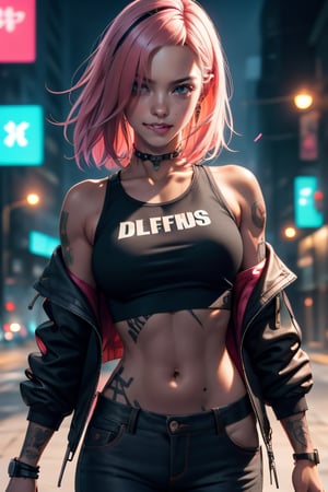 dark gothic cyberpunk woman, defiant face, pastel colors, in clothes, colorful hair,tight crop top,  pants, black, with pink, guns hd, high detail, huoshen, TheLastOfUs, mgln, biting lip , light smile , midriff 
