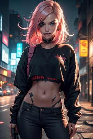 dark gothic cyberpunk woman, defiant face, pastel colors, in clothes, colorful hair, light yellow sweatshirt, pants, black, with pink, guns hd, high detail, huoshen, TheLastOfUs, mgln, biting lip , light smile , midriff 
