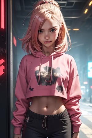 dark gothic cyberpunk woman, defiant face, pastel colors, in clothes, colorful hair, light yellow sweatshirt, pants, black, with pink, guns hd, high detail, huoshen, TheLastOfUs, mgln, biting lip , light smile , midriff 
