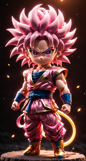 (a songoku super saiyan 4 in Dragon Ball ),(pink hair), small and cute, (eye color switch), (bright and clear eyes), anime style, depth of field, lighting cinematic lighting, divine rays, ray tracing, reflected light, glow light, side view, close up, masterpiece, best quality, high resolution, super detailed, high resolution surgery precise resolution, UHD, skin texture,full_body,chibi