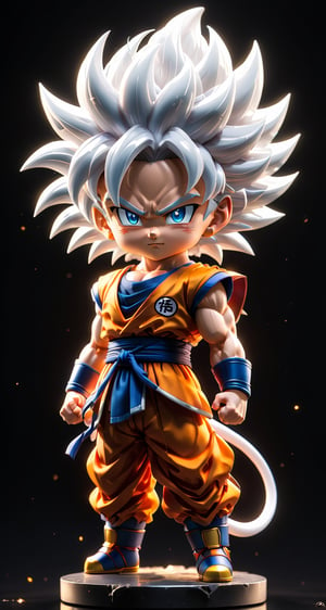 (a songoku super saiyan 4 in Dragon Ball ),(white hair), small and cute, (eye color switch), (bright and clear eyes), anime style, depth of field, lighting cinematic lighting, divine rays, ray tracing, reflected light, glow light, side view, close up, masterpiece, best quality, high resolution, super detailed, high resolution surgery precise resolution, UHD, skin texture,full_body,chibi
