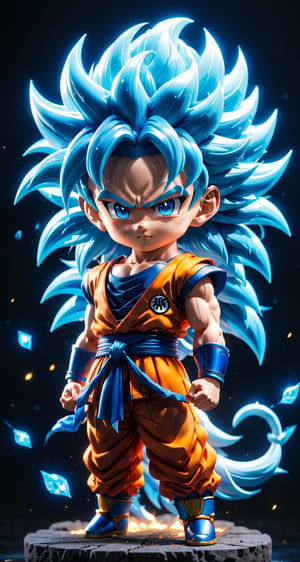 (a songoku super saiyan 4 in Dragon Ball ),(blue hair), small and cute, (eye color switch), (bright and clear eyes), anime style, depth of field, lighting cinematic lighting, divine rays, ray tracing, reflected light, glow light, side view, close up, masterpiece, best quality, high resolution, super detailed, high resolution surgery precise resolution, UHD, skin texture,full_body,chibi