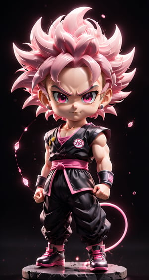 (a songoku super saiyan black pink in Dragon Ball ), action pose, silat pose, small and cute, (eye color switch), (bright and clear eyes), wide evil smile, black outfit, black shoe, anime style, depth of field, lighting cinematic lighting, divine rays, ray tracing, reflected light, glow light, side view, close up, masterpiece, best quality, high resolution, super detailed, high resolution surgery precise resolution, UHD, skin texture,full_body,chibi,Movie Poster,more detail XL, action pose