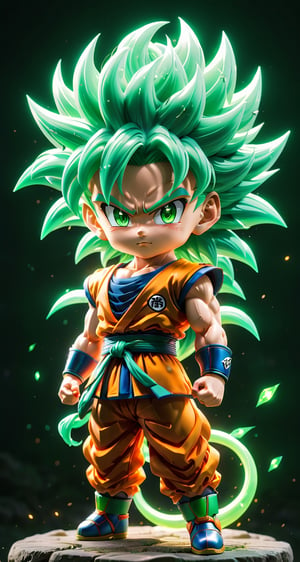 (a songoku super saiyan 4 in Dragon Ball ),(green hair), small and cute, (eye color switch), (bright and clear eyes), anime style, depth of field, lighting cinematic lighting, divine rays, ray tracing, reflected light, glow light, side view, close up, masterpiece, best quality, high resolution, super detailed, high resolution surgery precise resolution, UHD, skin texture,full_body,chibi