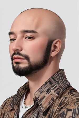 1boy, solo, looking at viewer, short hair, simple background, shirt, white background, brown eyes, jewelry, white shirt, upper body, necklace, lips, portrait, realistic, nose,rnhg, bald, beard, 