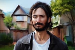 solo, looking at viewer, shirt, black hair, 1boy, jacket, white shirt, upper body, male focus, outdoors, day, black eyes, tree, black jacket, facial hair, grass, building, beard, realistic, mustache, house,rnhg,oil painting,artistic oil painting stick