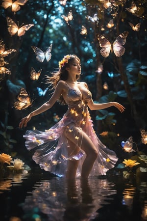 cinematic photo, 4k photo, extremely detail, fairy girl is dancing on the water, light smile, beautiful, flowers explosion, anatomical plants, dark forest, grainy, shiny, with vibrant colors, colorful, ((realistic skin)), glow surreal objects floating, ((floating:1.4)), contrasting shadows, photographic, niji style, soft lighting, fullmoon, midnight, incredible bokeh, ((big_breast:1.5)), short dress, transparent_clothing, (transparent_butterflies), closeup shot, A girl dancing, xxmix_girl,Flower Blindfold,xxmixgirl