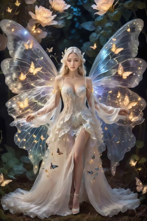 1girl, solo, long hair, blonde hair, dress, bare shoulders, white hair, detached sleeves, wings, bug, tiara, butterfly, fairy wings, fairy, ((looking at viewer)), 