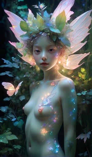 fairy nude girl  realistic artwork high detailed professional upper body photo of a transparent porcelain cute creature looking at viewer,with glowing backlit panels,anatomical plants,dark forest,grainy,shiny,with vibrant colors,colorful, ((realistic skin, glow,)) surreal objects floating, contrasting shadows,realistic,photographic,aesthetic portrait