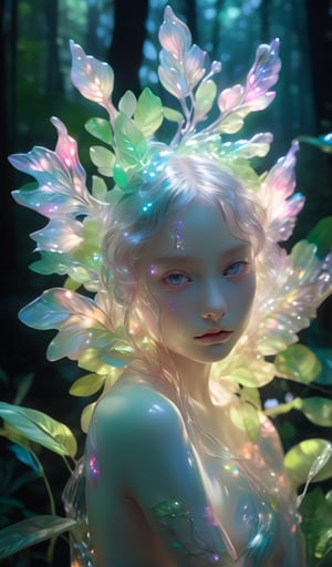fairy nude girl  realistic artwork high detailed professional upper body photo of a transparent porcelain cute creature looking at viewer,with glowing backlit panels,anatomical plants,dark forest,grainy,shiny,with vibrant colors,colorful, ((realistic skin, glow,)) surreal objects floating, contrasting shadows,realistic,photographic,aesthetic portrait