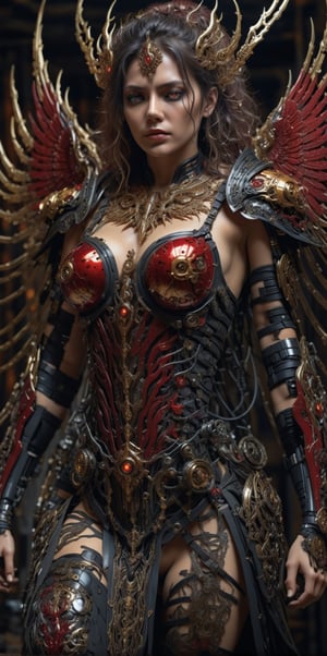 Ultra detailed complex 3d rendering of a beautiful Angel of Death, messy hair,full body view,biomechanical cyborg,, 150mm lens, beautiful soft natural light, fine foliage lace, colorful details, samourai, Wonder woman outfit, earring pearl, piercing, art nouveau embroidery, intricate details, anatomical, facial muscles, cable wires, microchip, badass, hyper realistic, ultra detailed, octane rendering, volumetric lighting, 8k post production , black and gold with a bit of red, detailed metallic, demi-humans, iridescent colors, Glenn Brown style, black room, power of god, high angle shot, complex body poses,more detail XL,devil eyes,half nude, naked,no_clothes,mad,full red iris,big_boobs,big_tits,red_eyes,red lips,in dark laboratory,cyborgs,ch3ls3a,b3rli
