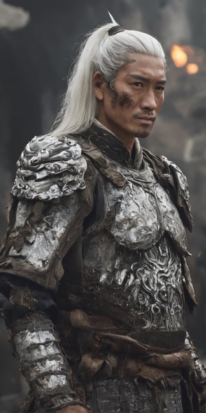 masterpiece, Indonesian man white hair, with a sharp gaze, messy, shabby, torn, Sparks, light focuses on an object , destroyed city background, gothic vibes, intricate detail, depth of field, ultrasharp, 4k, Chinese_armor,more detail XL